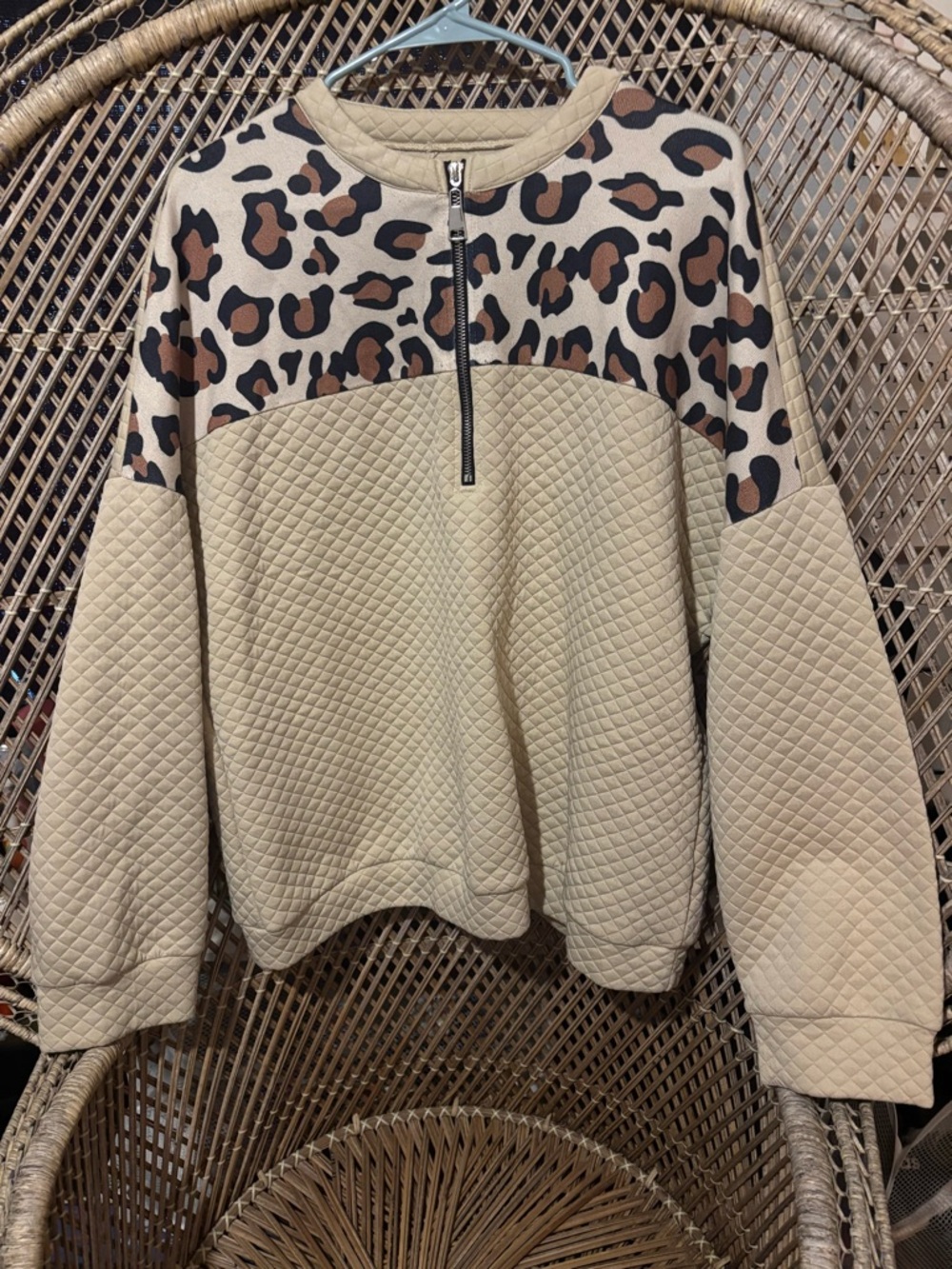 Leopard Trim Quilted Pullover Sweater - Beige